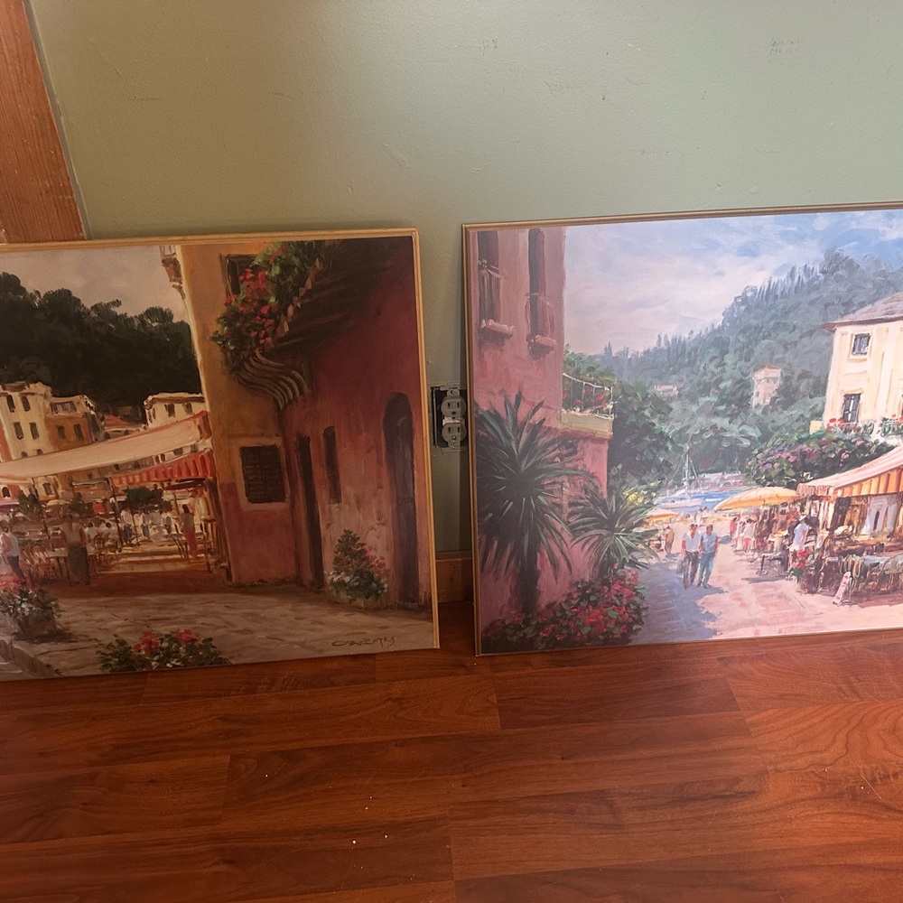 Impressionistic Red and Green Village Scene Paintings